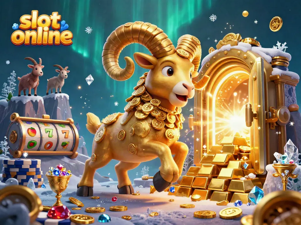 Immerse in the excitement of slot online with a golden ram charging towards a treasure vault door surrounded by gems and fun symbols.