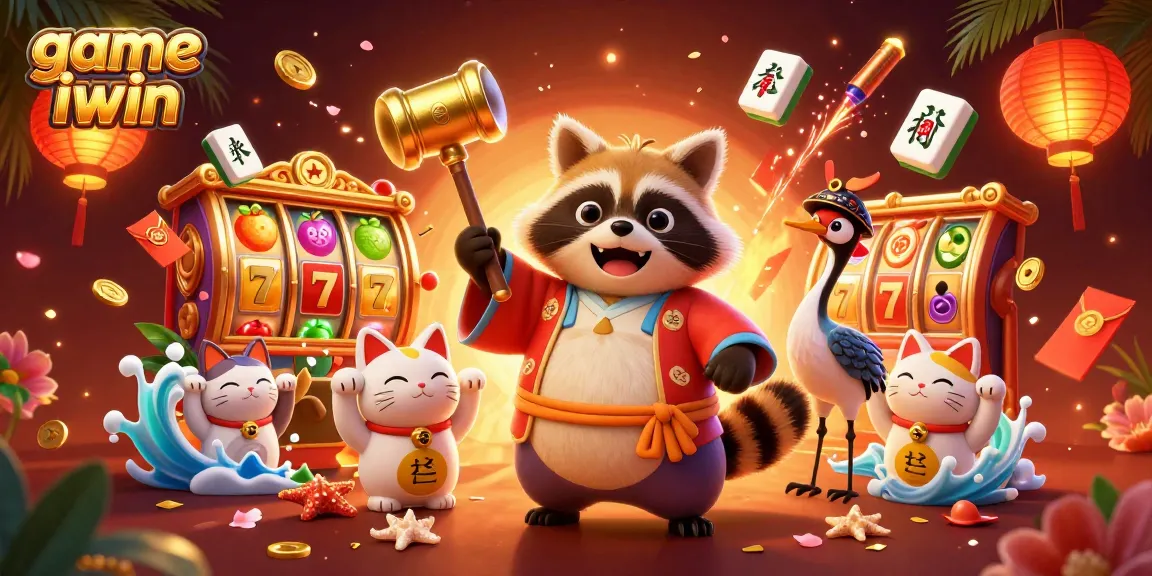 Join the excitement of game iwin with a vibrant 3D casino scene featuring lucky tanuki and joyful symbols.
