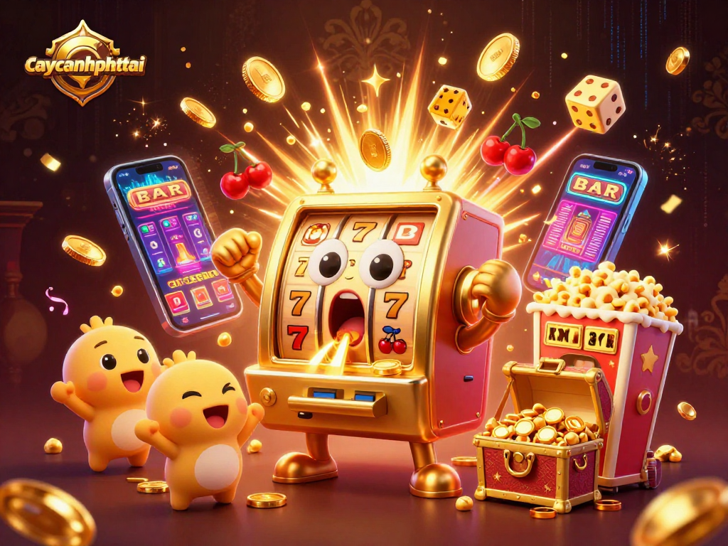 Experience the excitement of caycanhphattai as a golden slot machine hits a jackpot with coins pouring out.