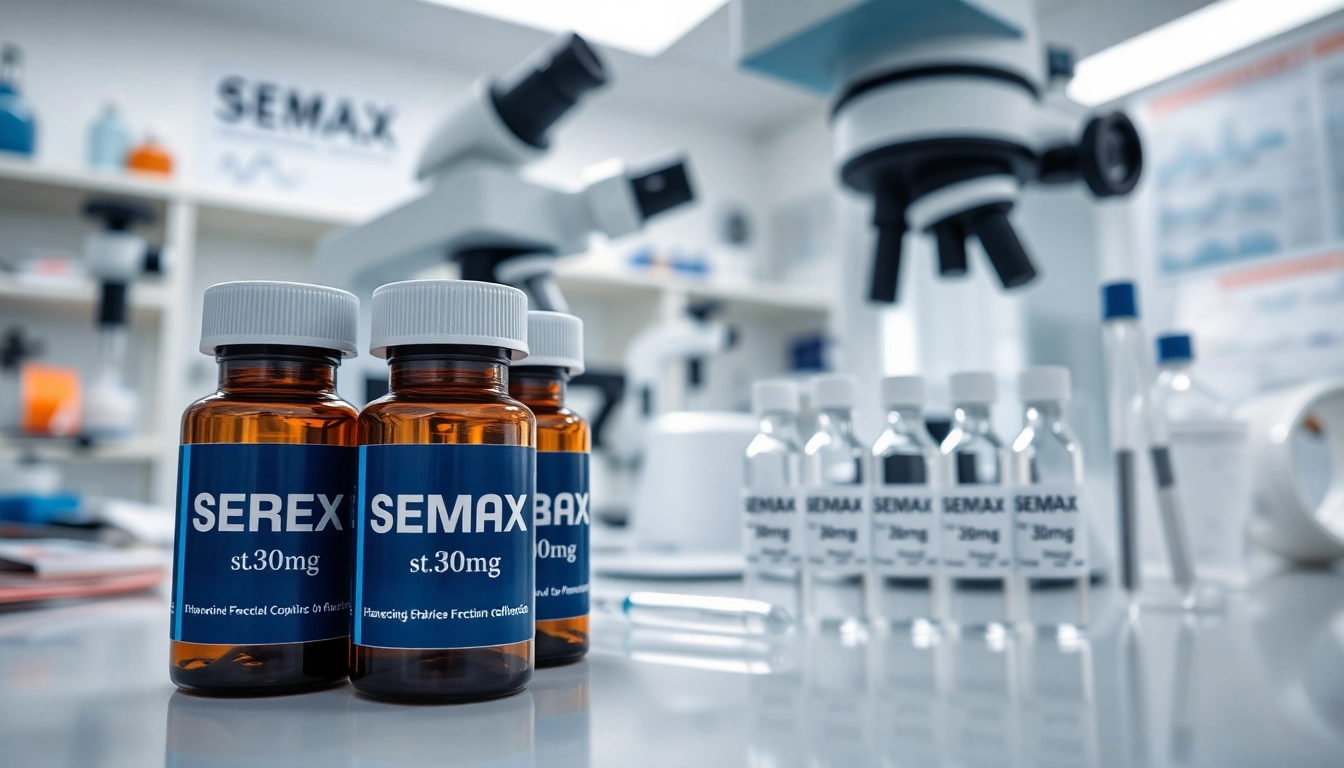 Researching semax 30mg in a professional lab setting with vials and equipment.