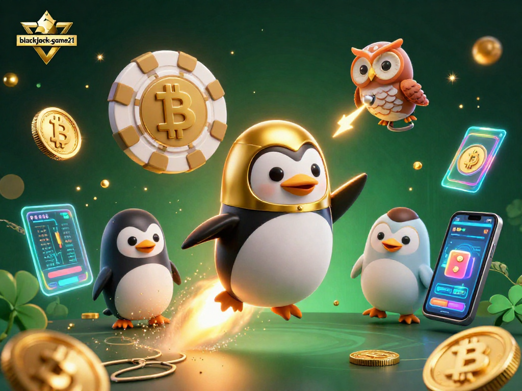 Engage with blackjack-game21 featuring an exciting cartoon penguin overcoming challenges in a vibrant casino landscape.