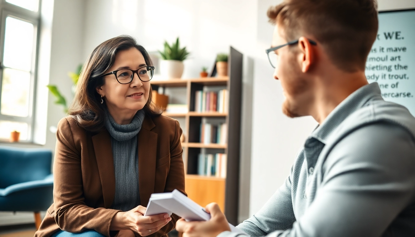 Engaging career coaching session showcasing a coach assisting a client in a bright office setting.