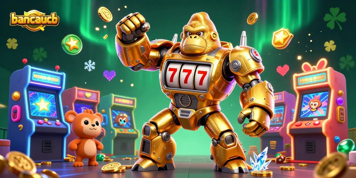 Bancaucb transforms casino action into a vibrant adventure with a golden gorilla mech amidst exciting arcade machines.