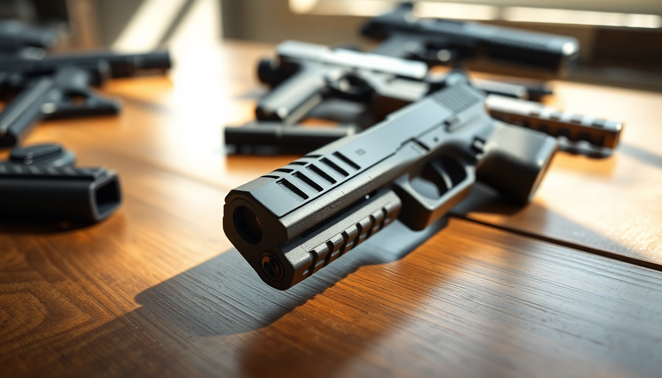 Showcase glock 43x slide with detailed metallic finish on a wooden table, set in natural light.