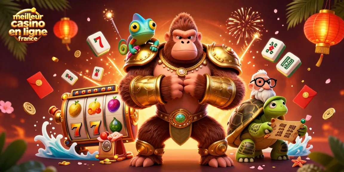 Illustration dynamique des personnages représentant le meilleur casino en ligne France avec des machines à sous et des couleurs vibrantes.