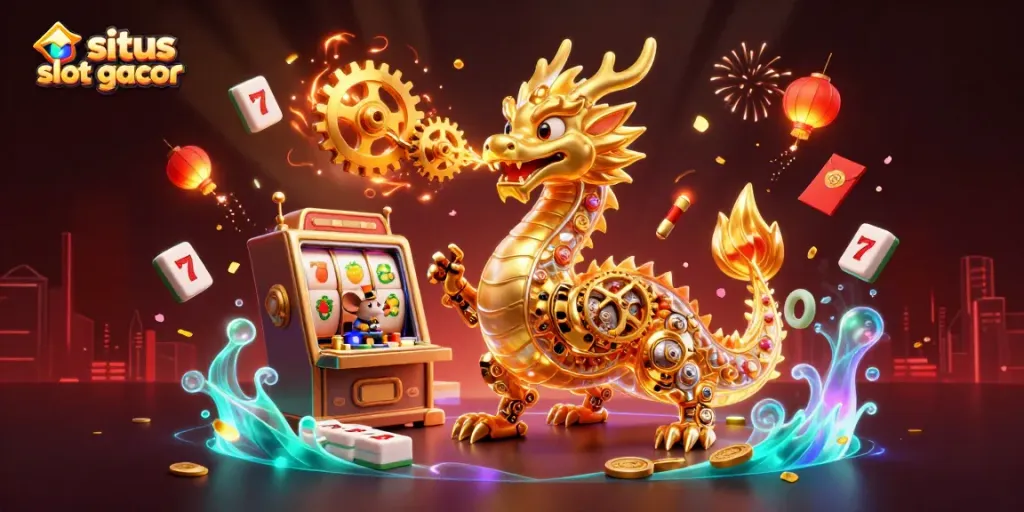 Menjajal keberuntungan di situs slot gacor dengan naga emas dan simbol permainan yang memukau.