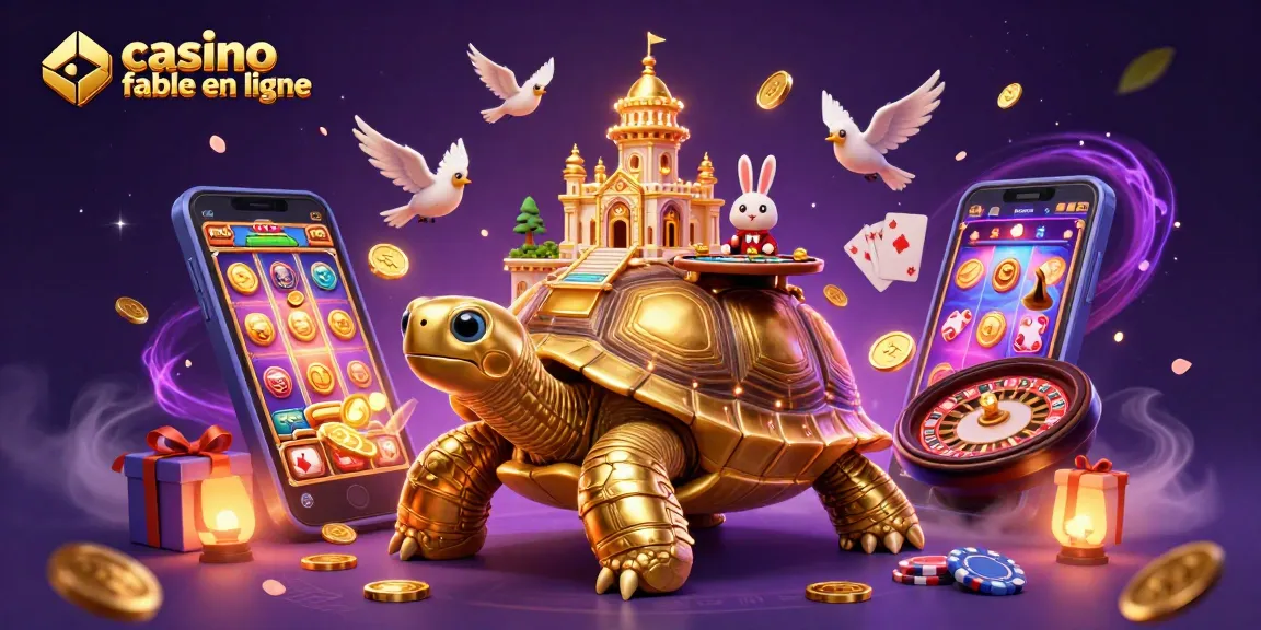 Profitez d'une illustration de casino fiable en ligne avec une tortue géante et un croupier en lapin.