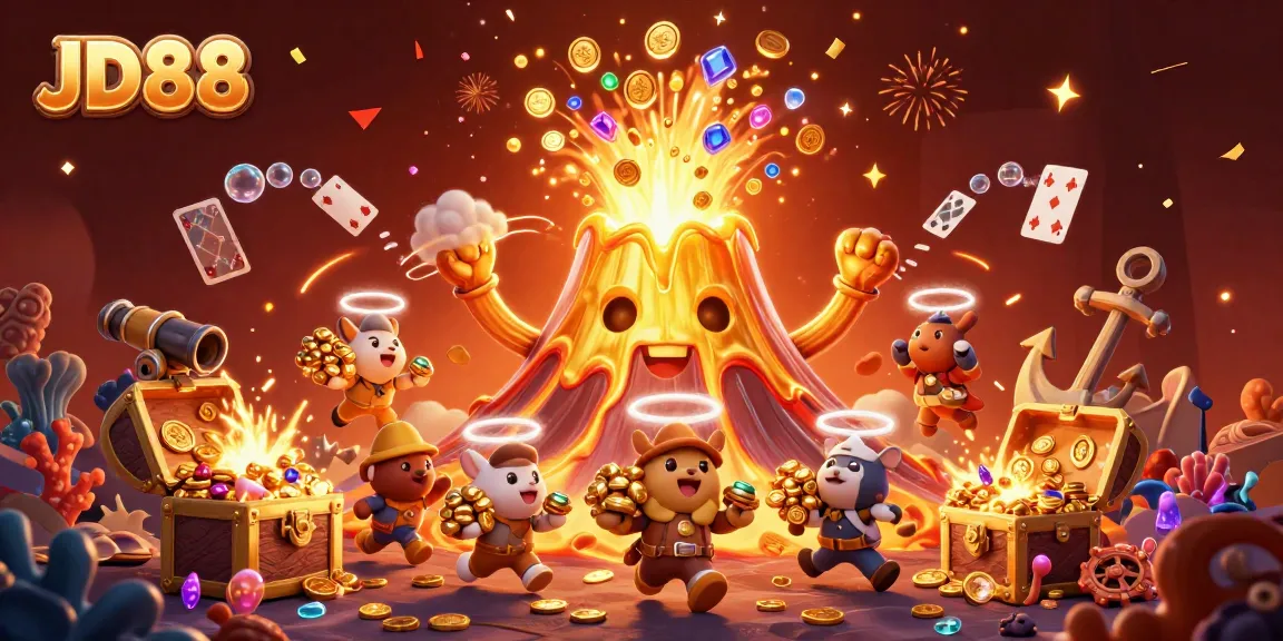 Experience fun at JD88 with golden treasures and colorful game elements in a dynamic erupting volcano scene.
