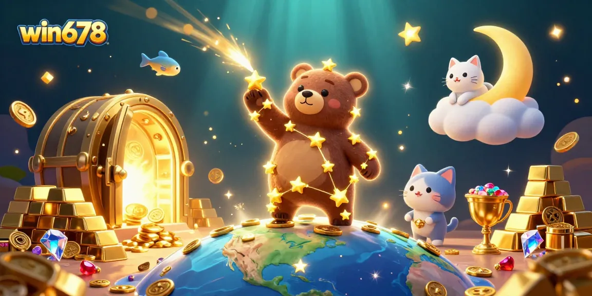Experience the thrill of win678 with vibrant casino elements, golden treasures, and cartoon characters.