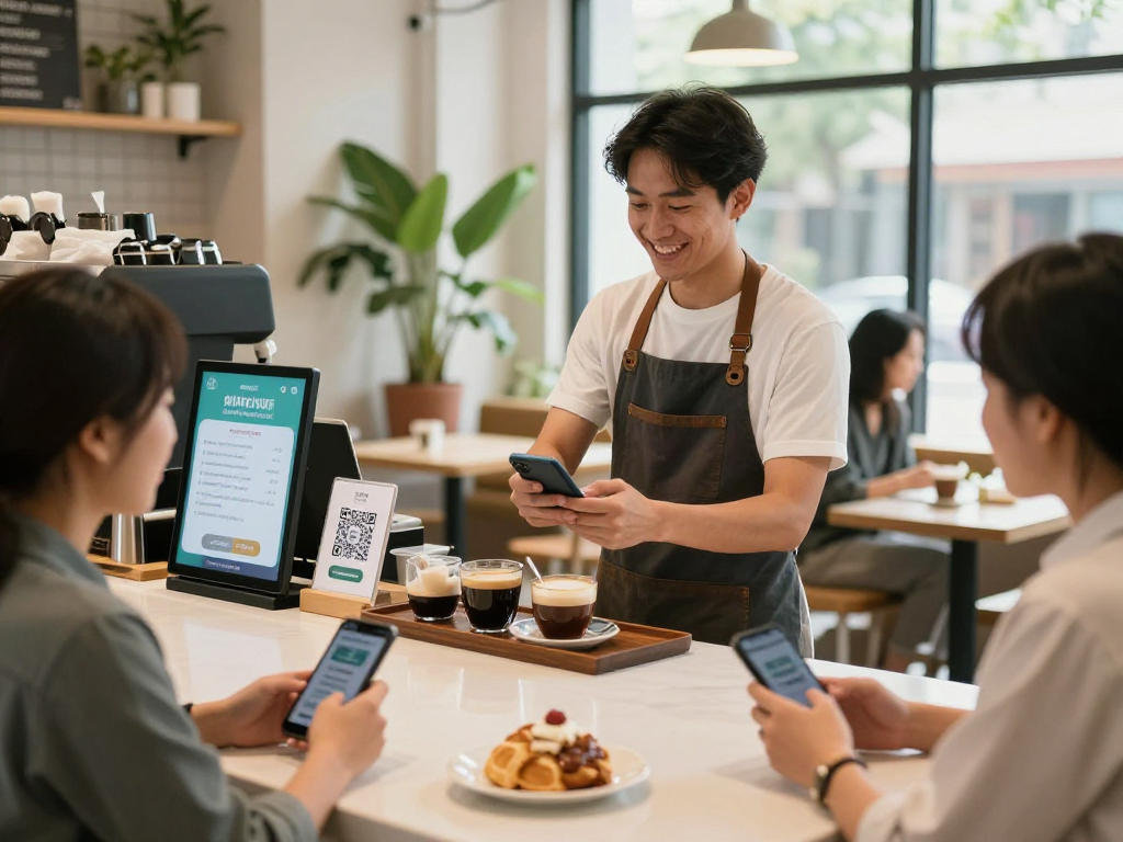 Engaging loyalty program interaction in a cozy café, showcasing loyalty rewards and customer connections