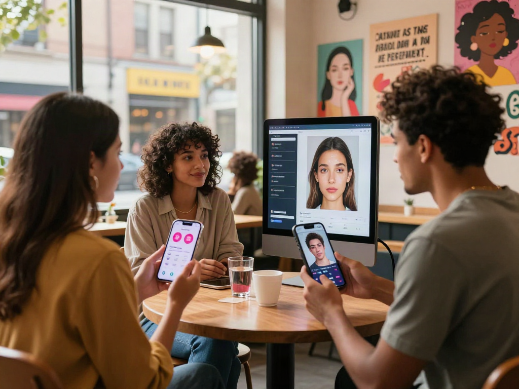 Group discussing how to test attractiveness with facial analysis tools in a bright urban setting.