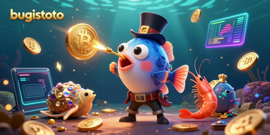 Play exciting games with bugistoto, a vibrant underwater scene featuring a glowing anglerfish and golden coins.