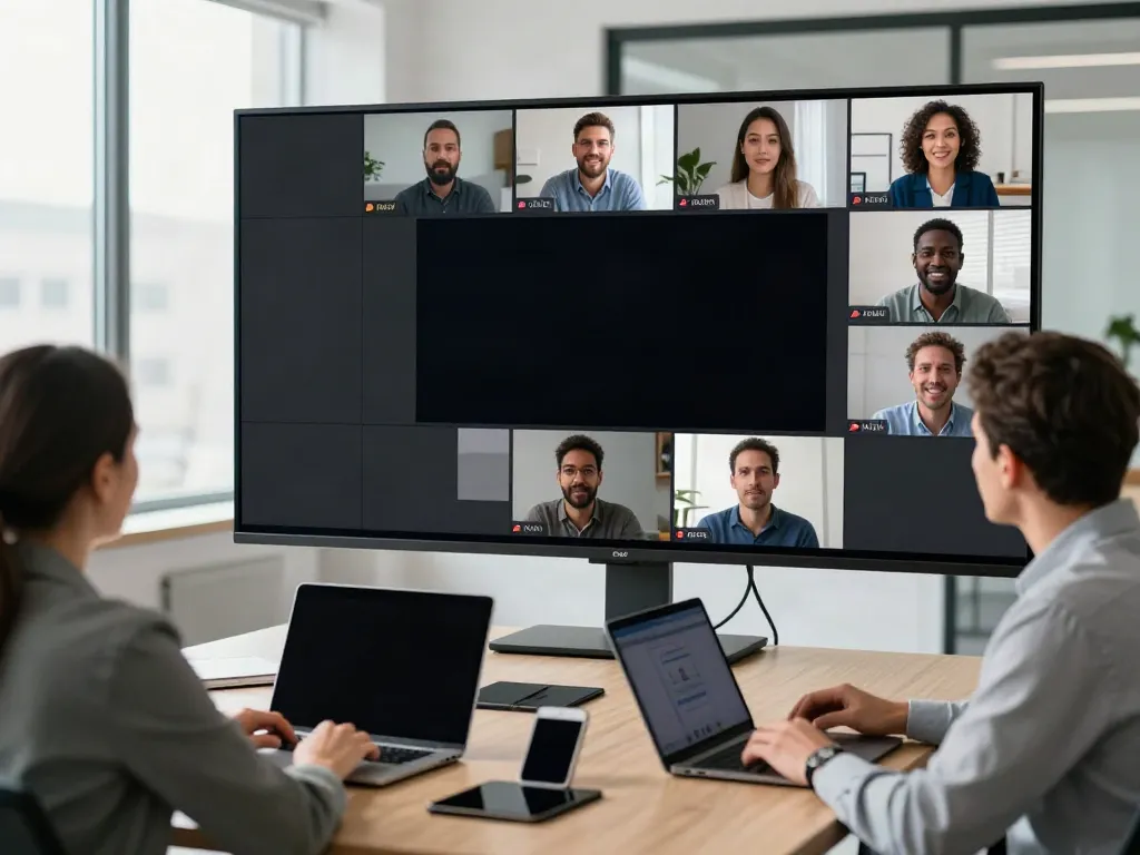 Deepfake protected Conferencing with team members collaborating in a modern virtual meeting setting.