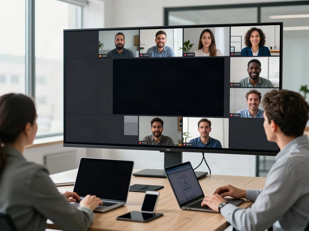 Deepfake protected Conferencing with team members collaborating in a modern virtual meeting setting.