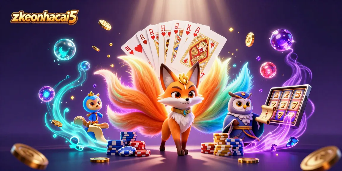Experience zkeonhacai5 action with a vibrant nine-tailed fox and a wise owl amidst casino elements.