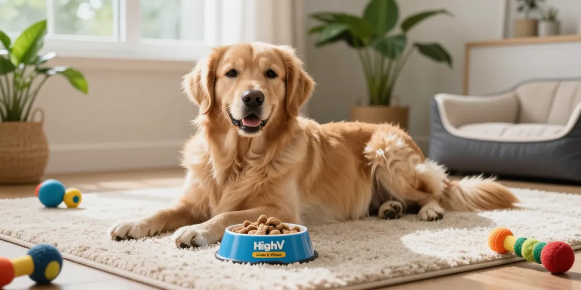 Calming Dog Treats positioned next to a relaxed golden retriever in a cozy home environment.