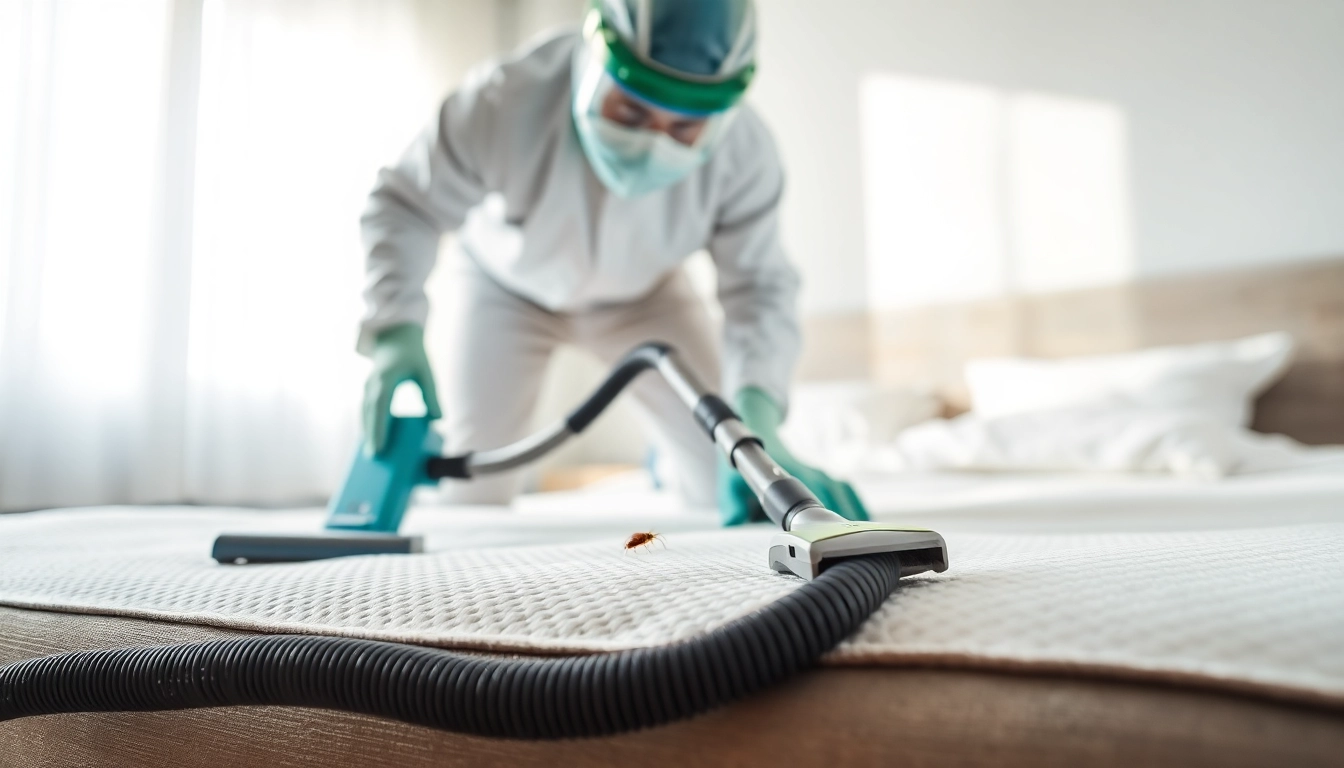 Effective bed bug control measures being demonstrated by an exterminator in a clean bedroom.