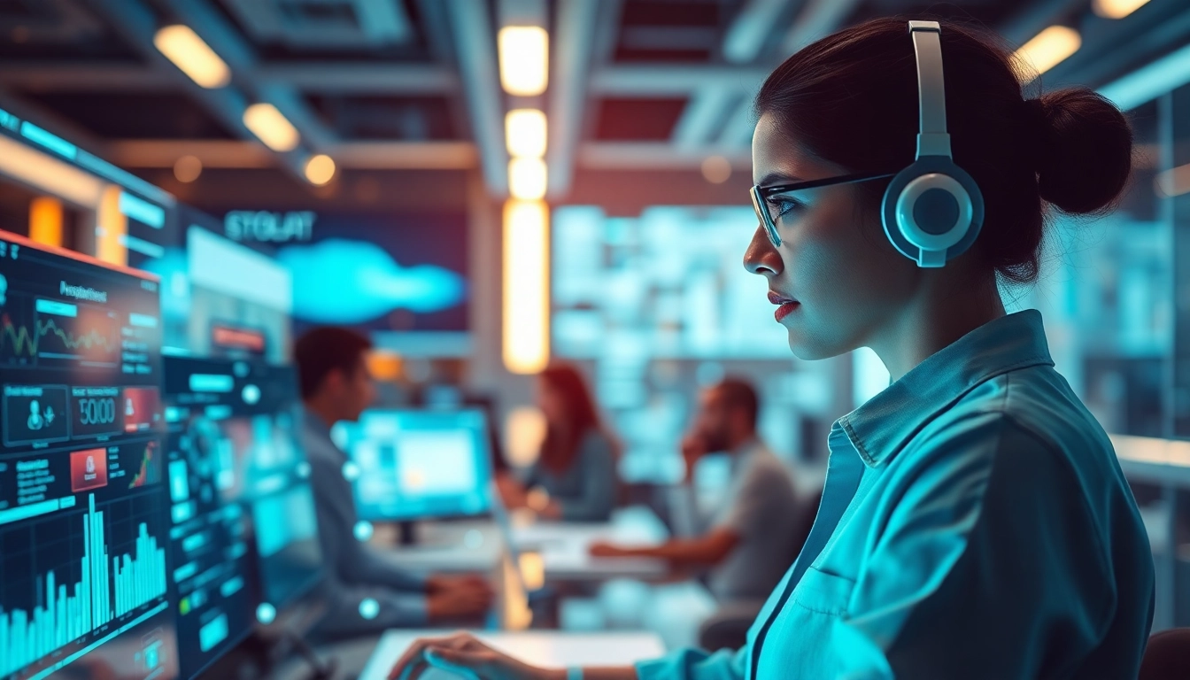 AI agents interacting with users in a modern workspace, showcasing automation and futuristic technology.