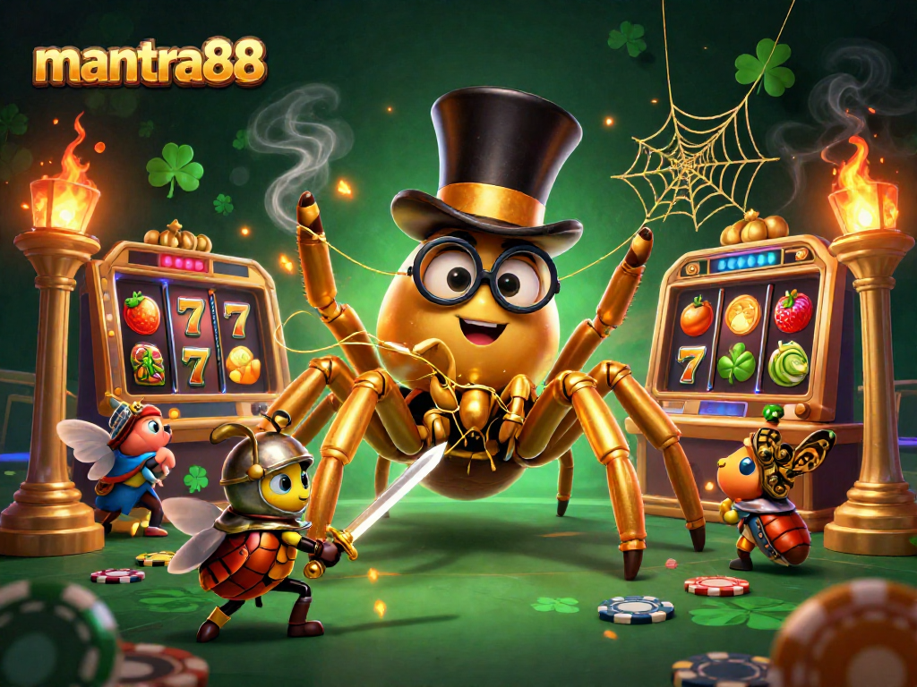 Experience thrilling gameplay with mantra88's vibrant slot games featuring unique characters in an illustrated casino setting.