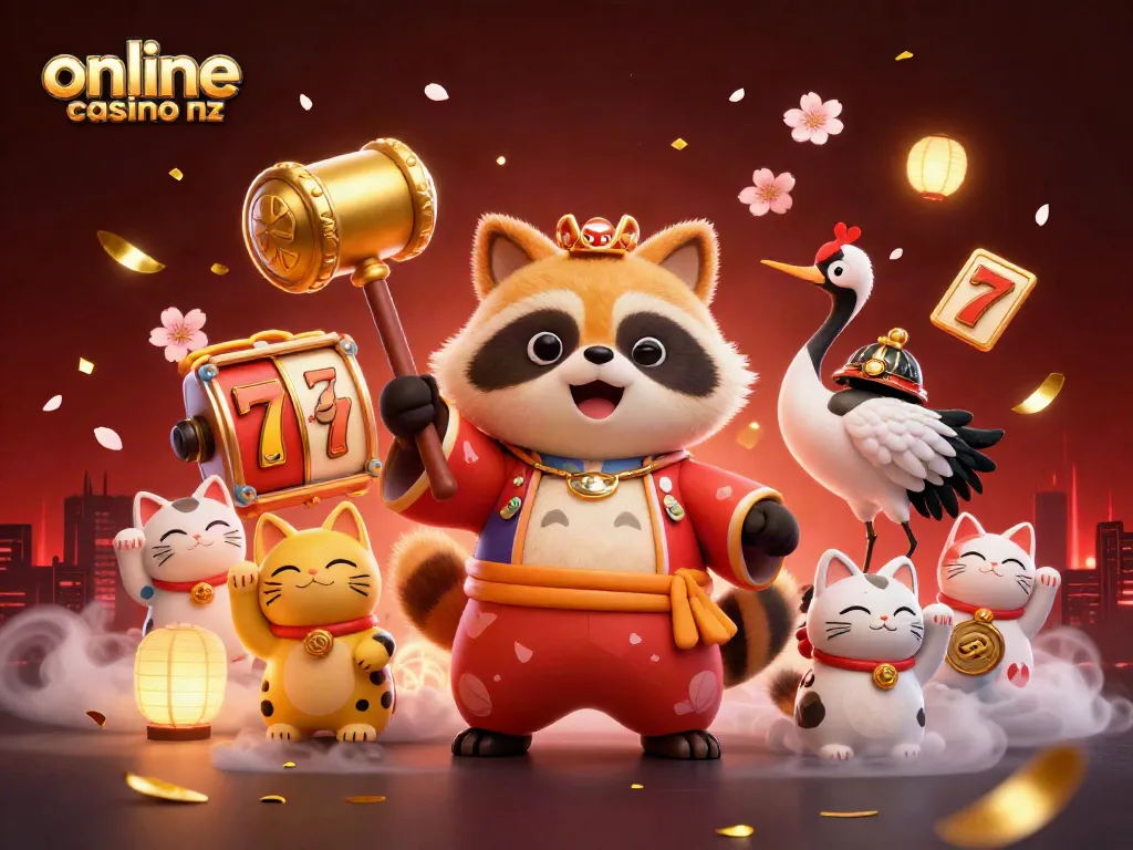 Engage with the vibrant scene of online casino nz featuring cheerful characters, slot reels, and festive elements.