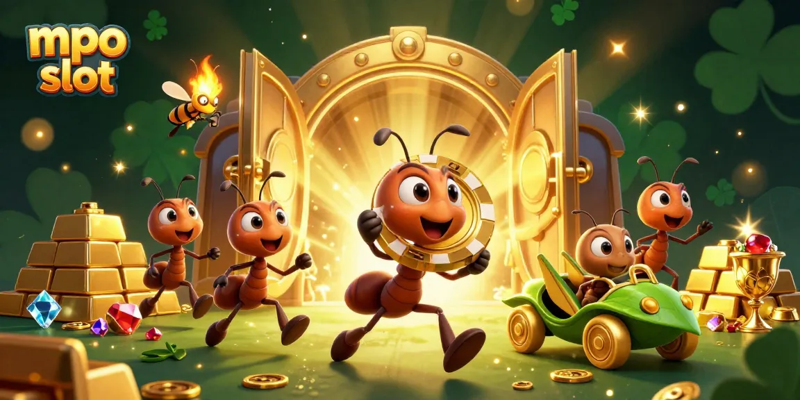 Engage in mpo slot gaming with a heist scene featuring ants carrying a giant poker chip amidst treasure