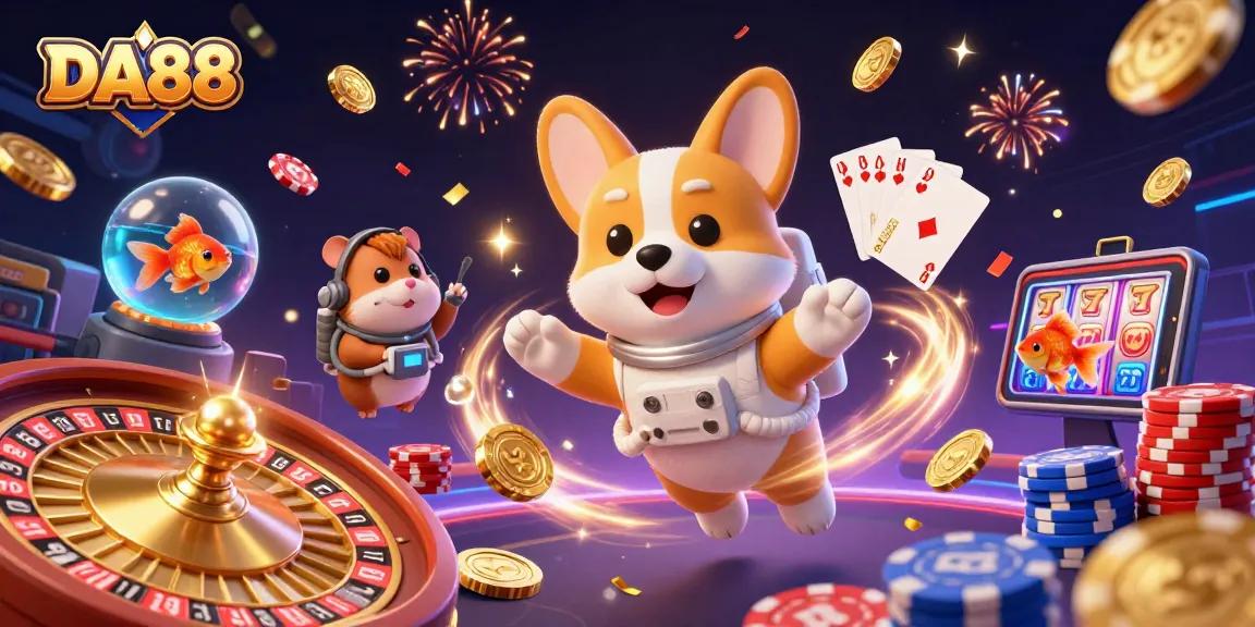 DA88 casino adventure with a playful astronaut corgi and engaging characters in a vibrant scene.