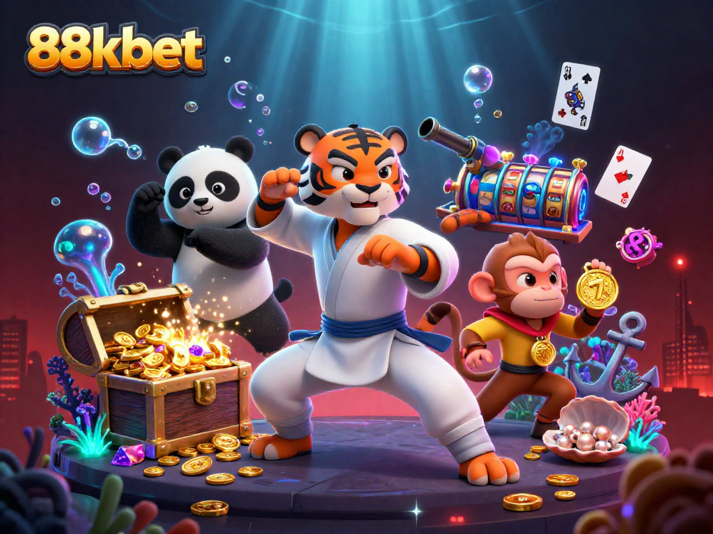 Engage with the excitement of winning at 88kbet with this vibrant 3D illustration showcasing dynamic casino elements.