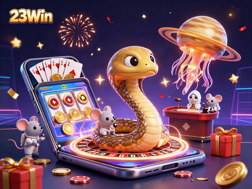 Engaging scene of 23Win with a casino theme featuring a Saturn snake and cosmic elements.