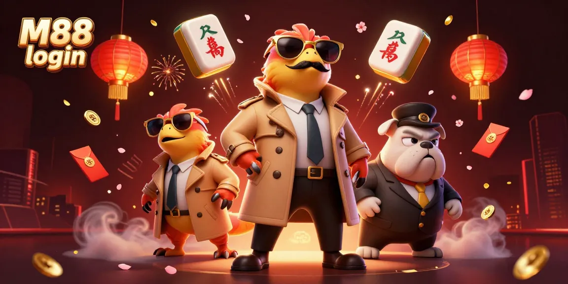 M88 login scene with cartoon raptors in trench coat entering casino, showcasing vibrant gambling elements and festive décor.