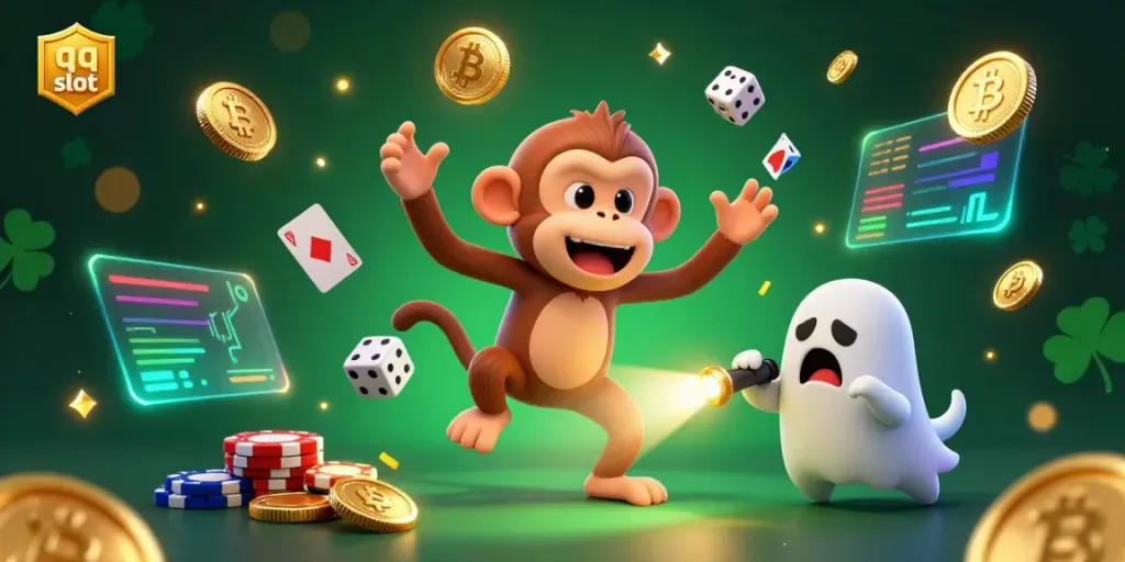 Engage with thrilling qq slot games as a mischievous poltergeist monkey creates excitement in a lively casino.