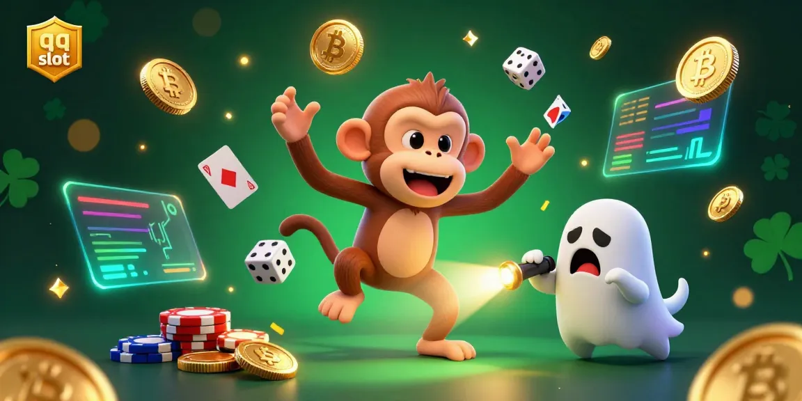 Engage with thrilling qq slot games as a mischievous poltergeist monkey creates excitement in a lively casino.