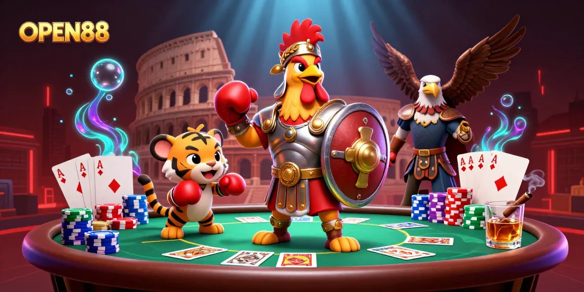 Open88 showcases a vibrant gambling scene with dynamic elements including poker chips and cards.