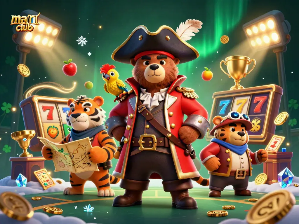 Experience thrilling gaming action at manclub with a dynamic scene showcasing pirate characters and slot machines.