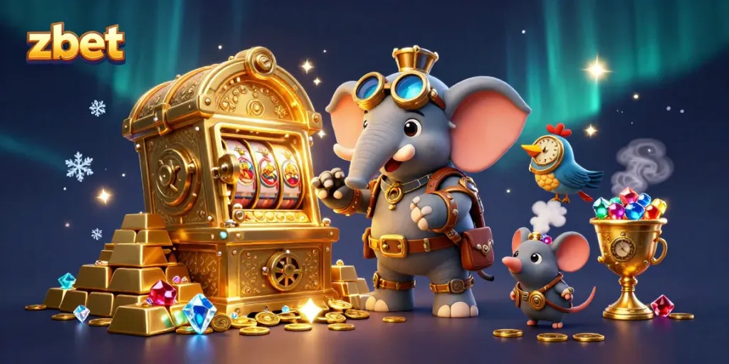 Engage with ZBET at a dynamic casino scene showcasing vibrant online gambling elements and golden treasures.