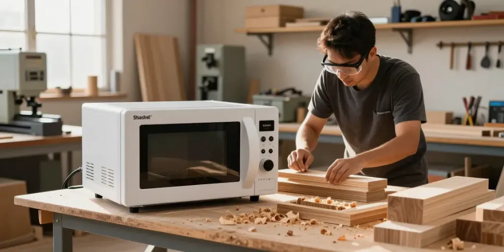 Shashel® microwave equipment effectively eliminating wood-boring insects in a busy workshop.