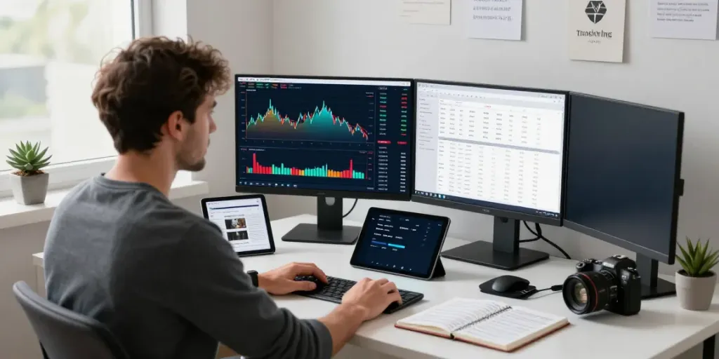 Trader analyzing TradingView charts in a modern workspace filled with financial tools.
