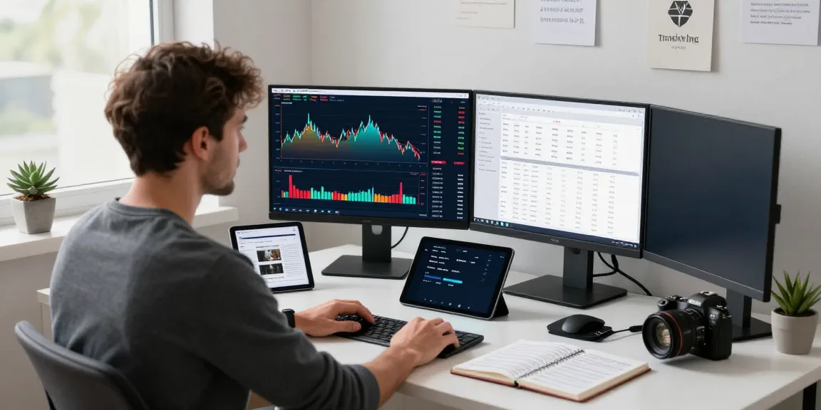 Trader analyzing TradingView charts in a modern workspace filled with financial tools.
