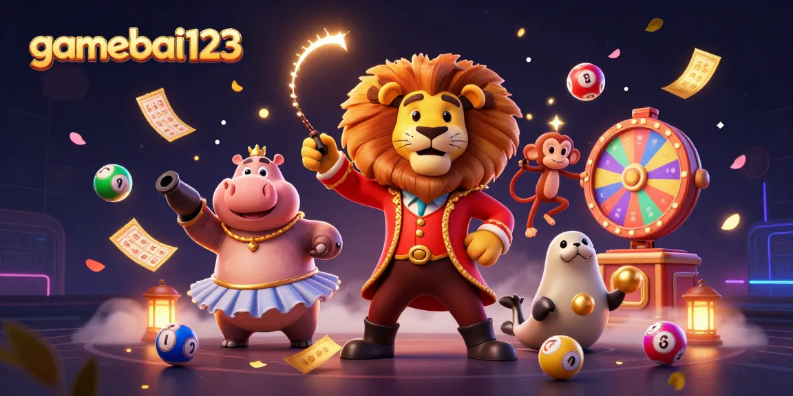 gamebai123 showcases a vibrant scene with a circus theme and lottery elements for thrilling casino entertainment