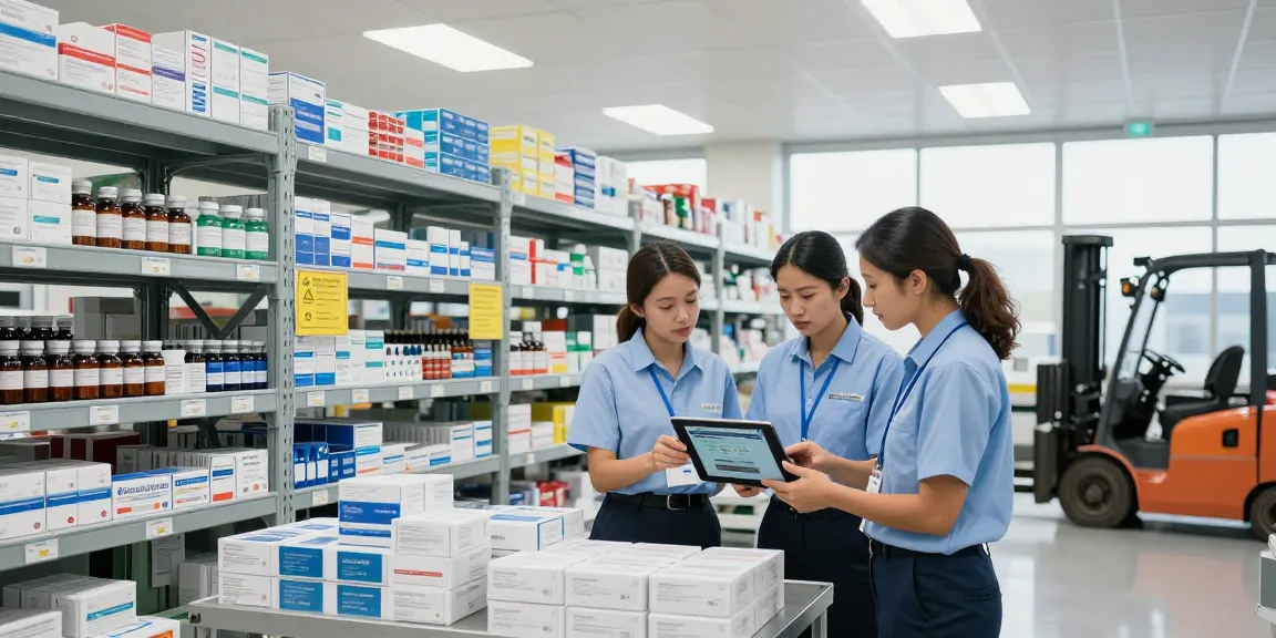 Collaborative team at a pharmaceutical warehousing company analyzing logistics data in a modern facility