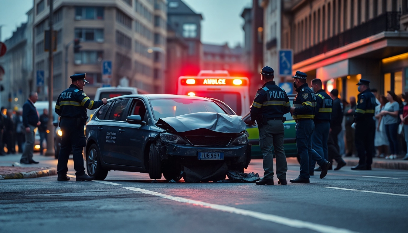 A road accident scene showcasing a damaged vehicle with emergency responders at work.