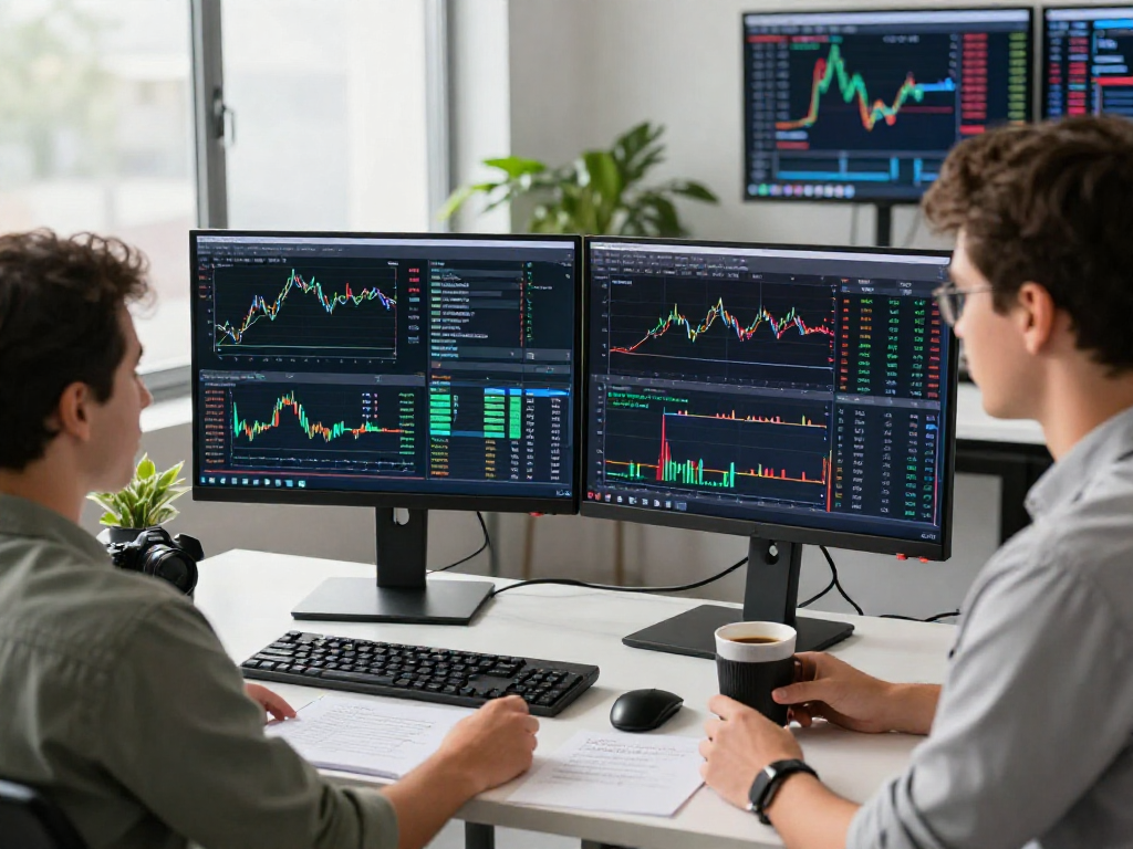 使用 MetaTrader 5 的交易员在现代工作站分析市场行情,多个显示器显示各种资产图表。